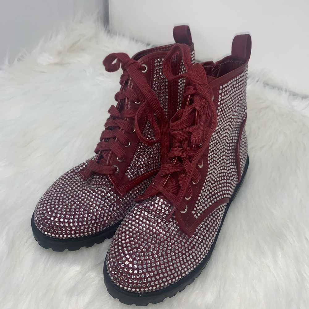 Glaze Rhinestone Burgundy Chunky Combat Moto Style Zip Boots Tag Sz 5.5 Fit Sz 7 - Picture 2 of 7